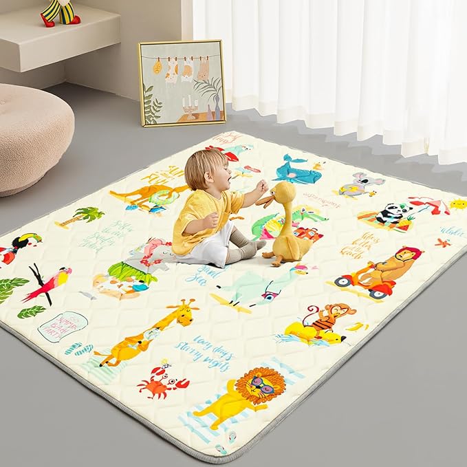 TreeBud Baby Play Mat - Thicken 71x59 Inch Soft Foam Crawling Mat for Playpen & Floor, Non-Slip Waterproof Playmats for Infants & Toddlers, Portable Foldable & Machine Washable, Beach Animals