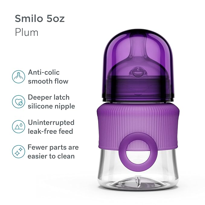 Smilo Baby Bottle Set with Stage 0 Slow Flow Anti Colic Nipple, 5 Oz / 150 ml Capacity, 3X Pack of Anti Colic Baby Bottles 0-3 Months - Plum Purple