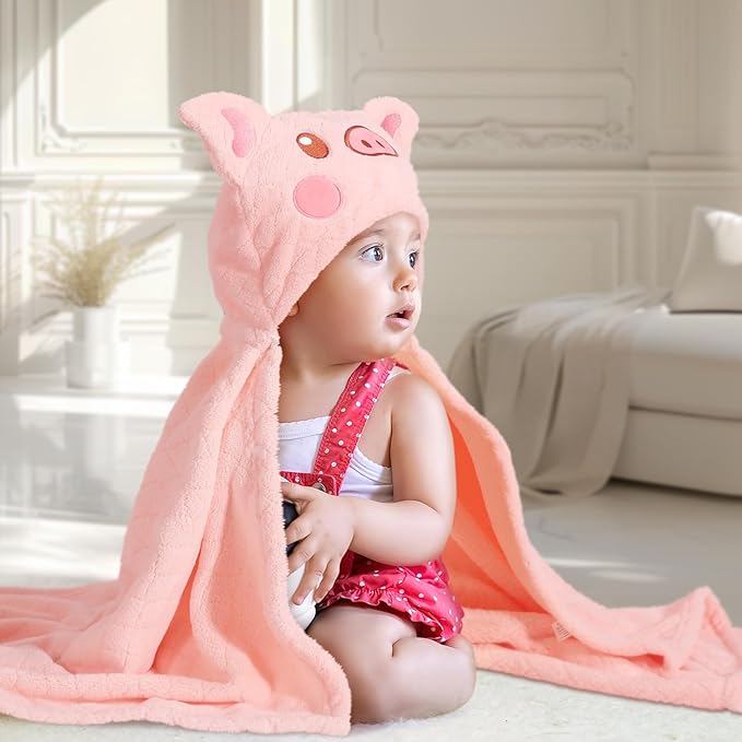 WODHOY Baby Hooded Towel Toddlers, 50 x 32 Inch Large Toddler Towel Hooded Set,2-Pack Thick Animal Bath Towels,Ultra Absorbent for Kids Cozy and Warm-Bath Essential Green Giraffe and Pink Pig