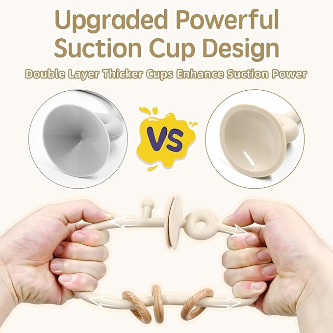 Baby Sensory High Chair Suction Toys for Infant Toddlers 12 18 Months, Food Grade Silicone String with Oak Loop Montessori Educational Parent-Child Baby Bath Toy Gift for Birthday Christmas (Beige)