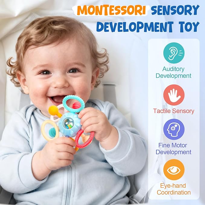 Baby Teething Toys for 0-6 6-12 Months, BPA Free Food Grade Silicone Teether, Infant Sensory Chew Rattles Toys, Gifts for Infant Newborn Boys Girls 0 3 6 9 12 18 Months, Sky Blue