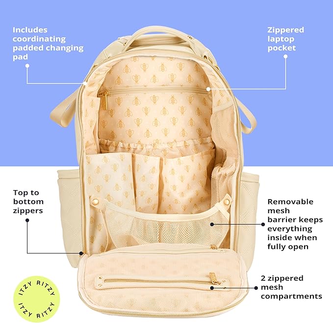 Itzy Ritzy Diaper Bag Backpack – Large Capacity Boss Plus Baby Backpack Diaper Bag Featuring 19 Pockets, Changing Pad, Stroller Clips, and Comfortable Straps (Milk & Honey)