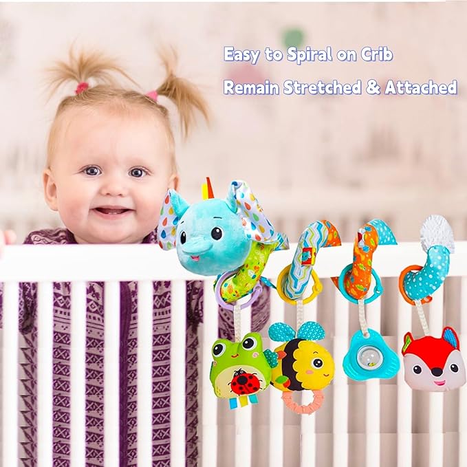 BATOHO Car Seat Toys for Babies 0-6 Months, Hanging Spiral Activity Stroller Toy for Infants 3-6 Months, Developmental Toy for Newborn 0 3 6 12 Month with Music Box Rattle Squeaker- Blue Elephant