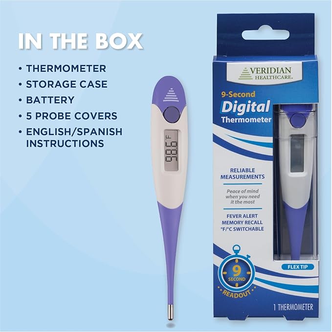 Veridian Digital Thermometer | 9-Second Readout | F C Temperature Modes| Flexible Tip | Hygienic Water-Resistant Easy Cleaning | Storage Case + Instructions Included