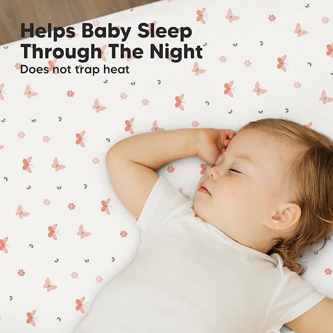 2-Pack Mini Crib Sheets Fitted - 38x26 Pack N Play Sheets for Pack and Play Mattress, Organic Cotton, Soft & Breathable Playard Bedding, Neutral Mini Toddler Bed Cover for Boys, Girls (Butterflies)