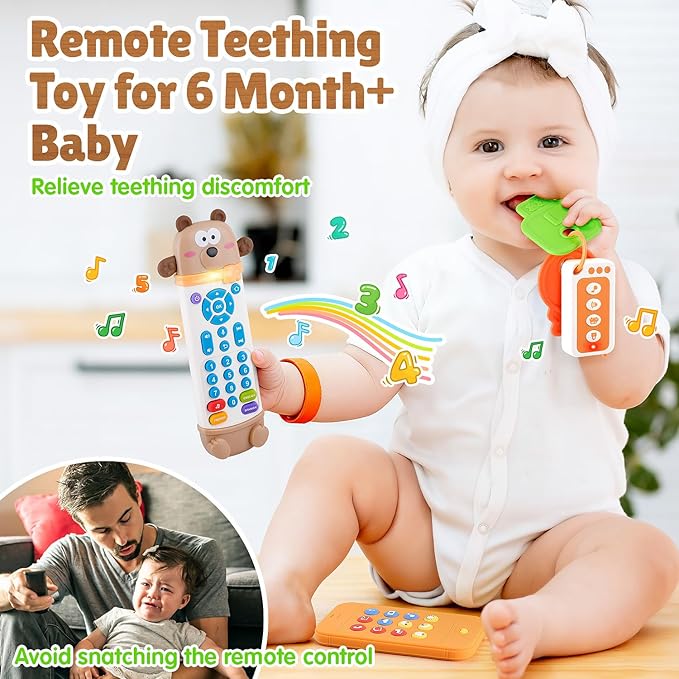 Baby Remote Control Toy with Phone Teether & Teething Keys & Car Remote, Remote Teether for Baby with Realistic Light and Sounds, Baby Musical Toys Gift for Boys Girls 6+ Months