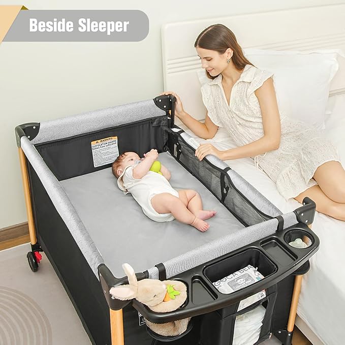 Baby Bassinet 5 in 1 Pack and Play,Baby Crib Adjustable Beside Sleeper One-Second &One-Hand Setup,Portable Playard Foldable Playpen for Newborn,Babies and Toddlers with Changing Table,Mattress (Black)