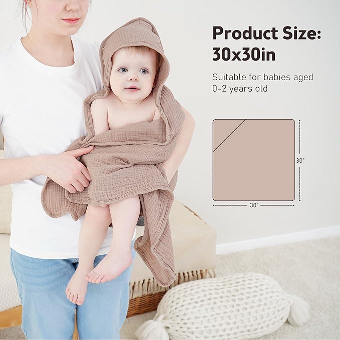Susurration Hooded Baby Towels for Newborn 2 Pack 100% Muslin Cotton Towel for Babies，Highly Absorbent and Newborn Essential 30x30 Inch Cream&Sand