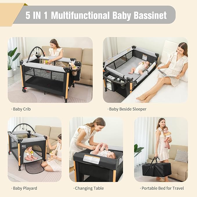 Baby Bassinet 5 in 1 Pack and Play,Baby Crib Adjustable Beside Sleeper One-Second &One-Hand Setup,Portable Playard Foldable Playpen for Newborn,Babies and Toddlers with Changing Table,Mattress (Black)