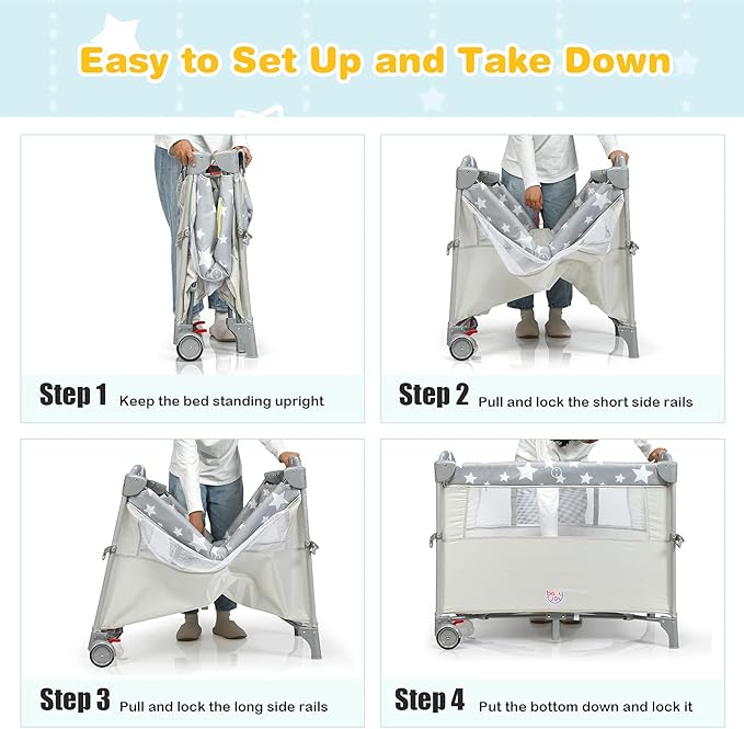 HONEY JOY Pack and Play with Bassinet, 5-in-1 Baby Bedside Sleeper w/Diaper Changing Table & Storage Bag, Toy Arch & Music Box, Detachable Side Rail, Portable Baby Play Yard w/Carry Bag(Beige)