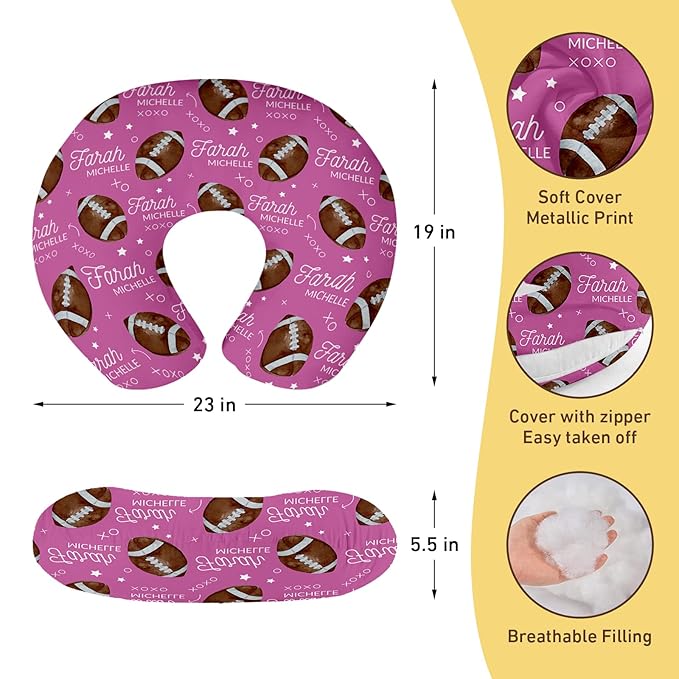 Rucekia Baby Nursing Pillow Cover - Personalized Name Pink Football Breastfeeding U-Shaped for Bottle Feeding, Ultra Soft Comfortable Breastfeeding Pillow Cover for Infant Baby Boys and Girls