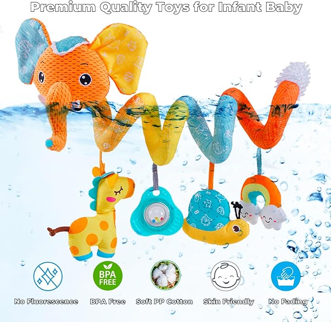 Car Seat Toys for Baby, Spiral Activity Stroller Toy for Infants 0-6 Months, Hanging Baby Toys Crib for Newborn 0 3 6 12 Months Developmental Toy with Music Box Rattle Squeaker- Orange Elephant