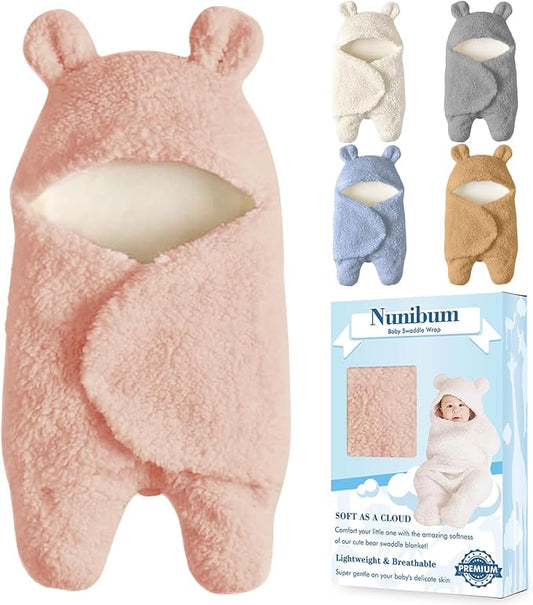 Nunibum Baby Swaddle Blanket Boys Girls Cute Bear Plush Essential Receiving Blanket Ultra-Soft Newborn Registry Sleeping Wraps for Infant 0-6 Months - Pink