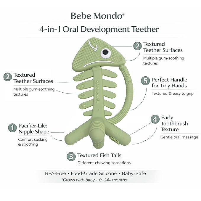 3 in 1 Infant Toys, Baby Teething Toys 3–6 6–12 Months, Teethers for Babies 0–3–6–12 Months for Teething Relief, Baby Gift, Baby Teether Toys, Silicone Sensory Toys, USA Patent Pending, Fish (Olive)