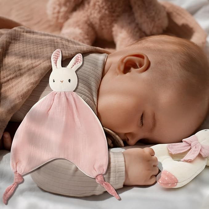 CUDDLE CORNER Organic Cotton Stuffed Animal Rattle Baby Toys, Plush Bunny Cuddle Cloth and Hand Grip Ring Rattles Plush Toy Set for Newborns Infant Boys Girls, 2 PCS