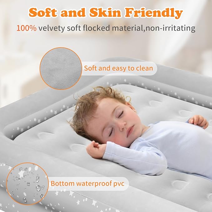 Air Mattress for Kids 4-7 Years - Toddler Travel Bed with Built-in Pump, Sides for Safety, Ultra Soft Plush Surface - Portable Kids Sleeping Pad for Camping, Hotels, Sleepovers & Grandparents' House