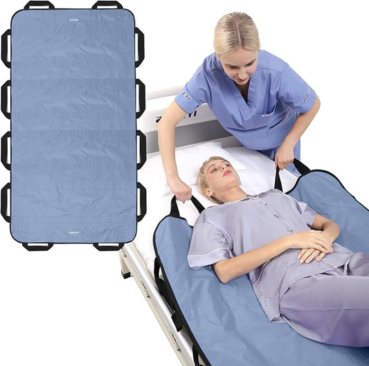 ZHEEYI Bed Positioning Pad with Reinforced Handles 63" x 40" Washable Patient Transfer Slide Sheet for Body Lifting, Turning, Repositioning, for Elderly, Incontinence, Caregiver, Blue Gray