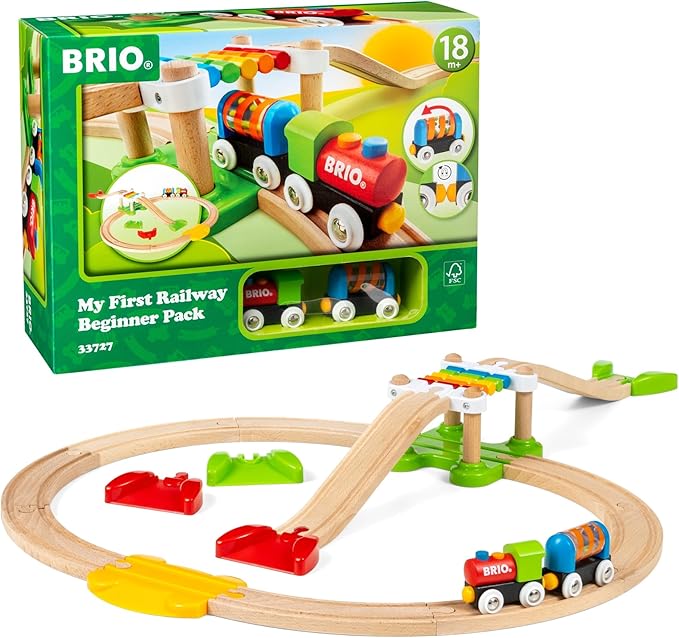 BRIO My First Railway Beginner Pack - 18-Piece FSC-Certified Wood Train Set - Compatible with All BRIO Sets - Includes Rainbow Bridge & Rattle Wagon - Safe Play - Toddlers Ages 18 Months & Older