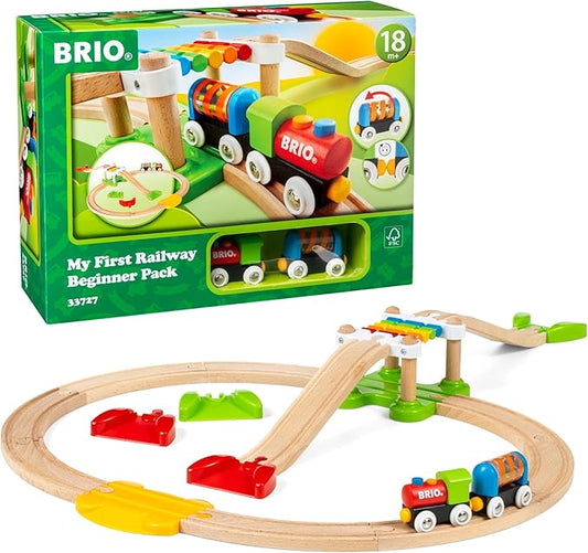 BRIO My First Railway Beginner Pack - 18-Piece FSC-Certified Wood Train Set - Compatible with All BRIO Sets - Includes Rainbow Bridge & Rattle Wagon - Safe Play - Toddlers Ages 18 Months & Older