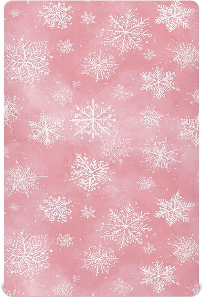 Pfrewn Christmas Crib Sheets for Boys Girls Pink Retro Snowflakes Fitted Crib Sheet for Mini Crib Mattress Stretch Soft Winter Pattern Toddler Baby Playard Sheet,39x27IN