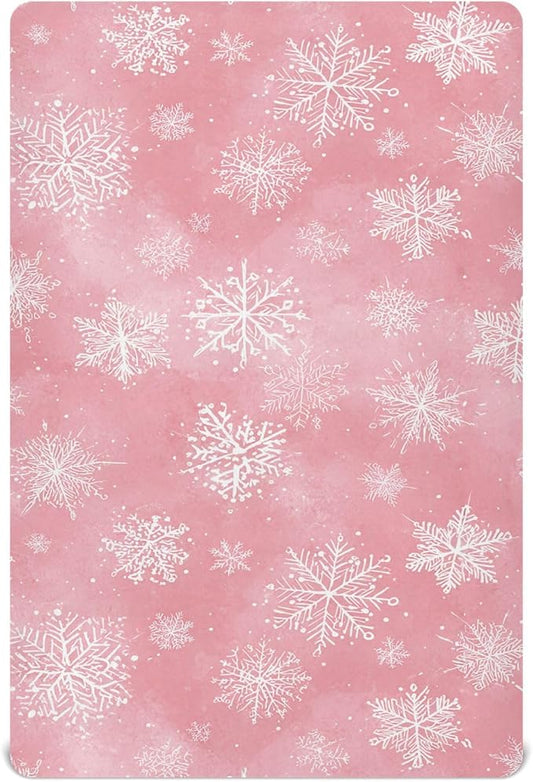 Pfrewn Christmas Crib Sheets for Boys Girls Pink Retro Snowflakes Fitted Crib Sheet for Mini Crib Mattress Stretch Soft Winter Pattern Toddler Baby Playard Sheet,39x27IN