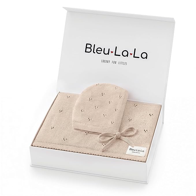 Bleu La La Baby Gift Set - Organic Cotton Newborn Blanket Essentials, Thoughtful Baby Shower & New Baby Gift for Boys & Girls (Pointelle - Oatmeal)