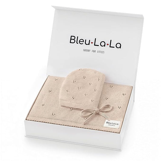 Bleu La La Baby Gift Set - Organic Cotton Newborn Blanket Essentials, Thoughtful Baby Shower & New Baby Gift for Boys & Girls (Pointelle - Oatmeal)