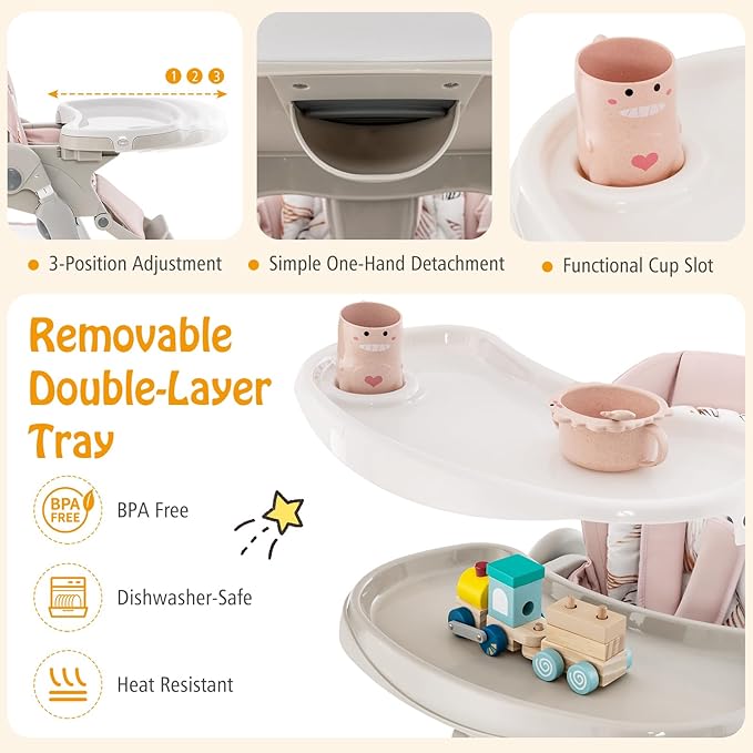 HONEY JOY Baby High Chair, Foldable High Chairs for Babies and Toddlers, Adjustable Heights, Recline Backrest & Footrest, Double-Layer Tray & Cushion, Portable Infant Highchair with Wheels (Pink)