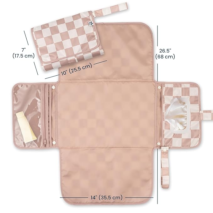 Tiny Twinkle Portable Diaper Changing Pad | Waterproof, Wipeable & Compact Baby Changing Pad for Travel | Smart Wipes Pocket & Organized Storage| Newborn Shower Gift (Beige Checkers)