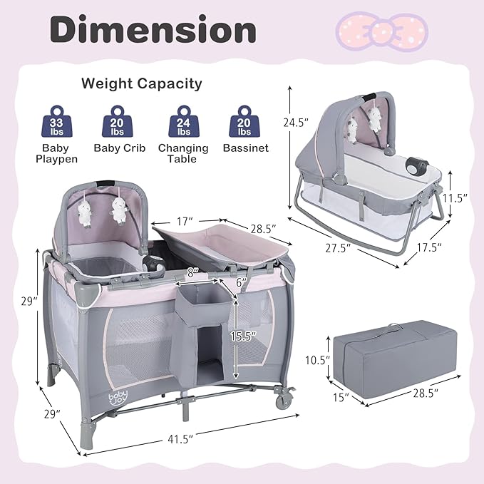 BABY JOY 5 in 1 Pack and Play, Portable Baby Playard w/Bassinet & Diaper Changing Table, Infant Pink Bassinet Crib with Toys & Music & Oxford Bag for Baby Girl Toddlers (Pink + Purple, Classic)