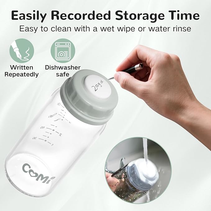 COMI Natural Glass Baby Bottle,Standard Neck Breastmilk Storage Bottle for Fridge,Breast Milk Container,Breast Pump Bottle Compatible with Medela Breast Pump,BPA Free,4PCS(5.1oz,4 Gray Lids)