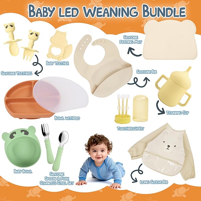Deluxe Baby Feeding & Mealtime Gift Set – Silicone Feeding Mat, Bibs, Training Cup, Spoon & Fork, Stainless Steel Set, Teethers, Long Sleeve Bib, Toothbrush Kit – in Gift Box