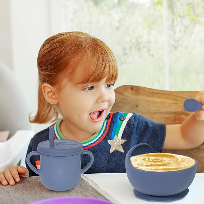 Dormlony 100% Silicone Baby Feeding Set, BPA Free Baby Dishes with Suction Bowl, Divided Plate, Toddler Self Feeding Dish Set with Spoons, Forks, Sippy Cup and Bib, Baby Eating Utensils (Navy Blue)