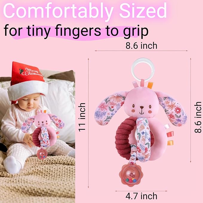Baby Stroller Hanging Car Seat Toys for Infants 0-6 Months Girl 0-2-3-4-5-7-8 6-12 Month Old Newborn Valentines Gifts, Carseat Pink Plush Toy for Babies Play Gym Rattle Easter Basket Stuffers