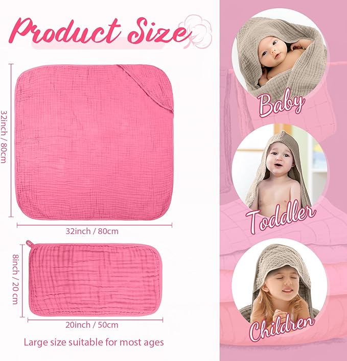 VitalCozy 8 Pcs Baby Muslin Hooded Bath Towels and Washcloths Muslin Cotton Hooded Baby Towels Absorbent Blankets for Gift Newborn Infant Shower (32 x 32 Inch,Bright Colors)