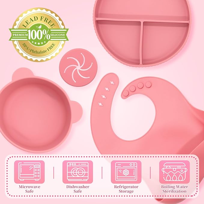 CHCC Silicone Baby Feeding Set 10 Pcs, Baby Led Weaning Supplies, Baby Feeding Supplies Set BPA Free, Baby Essentials for Newborn Gift Red