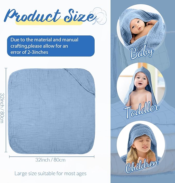 VitalCozy 6 Pcs Baby Muslin Hooded Bath Towels and Washcloths Muslin Cotton Hooded Baby Towels Absorbent Blankets for Gift Newborn Infant Shower (32 x 32 Inch,Mint Blue,Sky Blue)