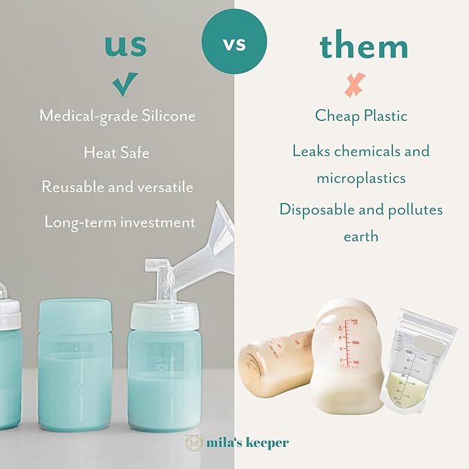 Mila's Keeper Premium Silicone Breast Milk Storage Bottles, for Pumping, Storing and Feeding, Fits Leading Pumps and Nipples, 6 oz Silicone Milk Storage Containers, Standard Neck Ocean Mist, Set of 2