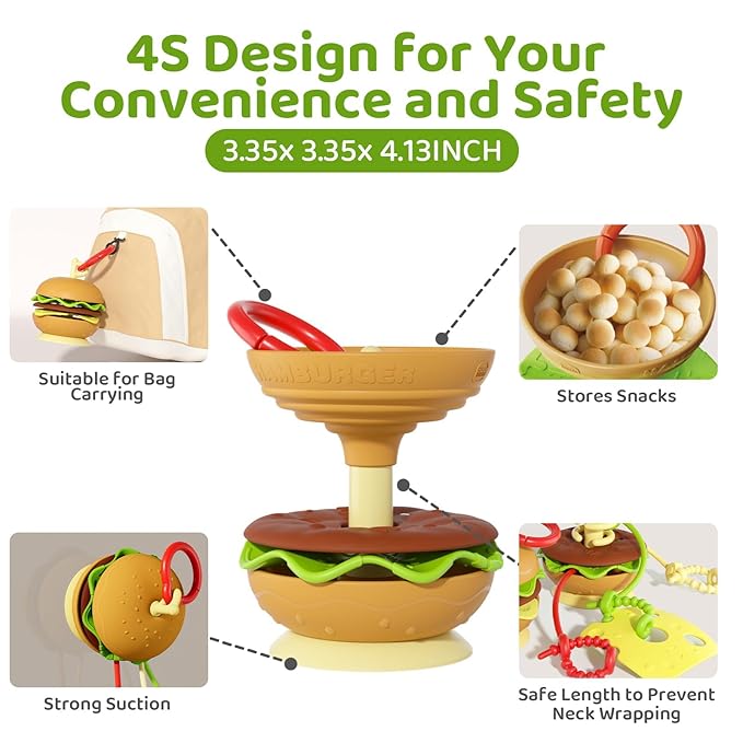 Hamburger Suction Cup Toys Holder for High Chair, Stroller Baby Toys 6-12 Months & Toddlers, 3 Tethers Keep from Falling, Great for Restaurant & Car Seat Airplane Travel