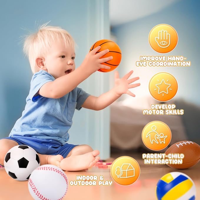 Balls for Toddlers Babies, Soft Baby Toys, 6 Pack 3.5" Foam Balls Kids Sports Set, Small Soccer Basketball Baseball Football Volleyball Tennis, Indoor Outdoor Toys Games Gifts for Boys Girls