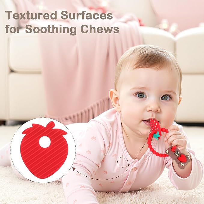 Valentine’s Baby Teething Toys, Teddy Bear & Strawberry Silicone Teether for 3–12 Months, Textured Sensory Chewing Ring for Infants & Toddlers, Baby’s First Valentine’s Day Gift for Boys and Girls