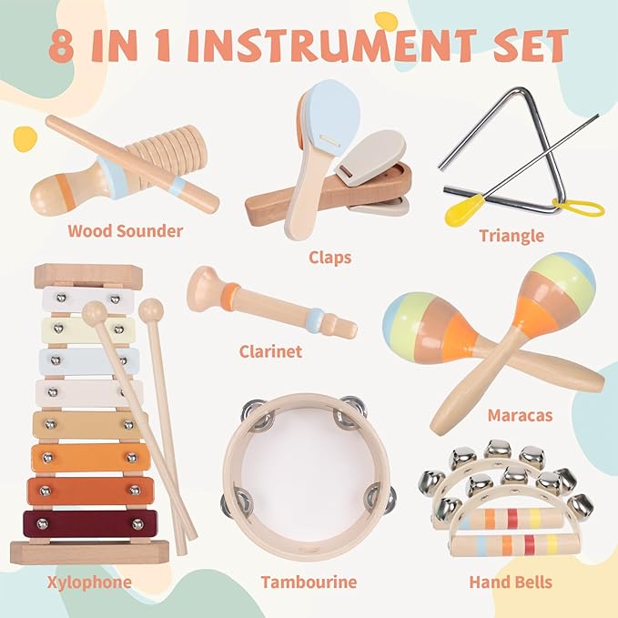 Baby Musical Instruments Set - Montessori Wooden 18 Month Old Baby Musical Toys, Toddler Percussion Instruments Xylophone Maracas Tambourine for Toddlers 1-3, 1 2 3 Year Old Girls Boys Birthday Gifts
