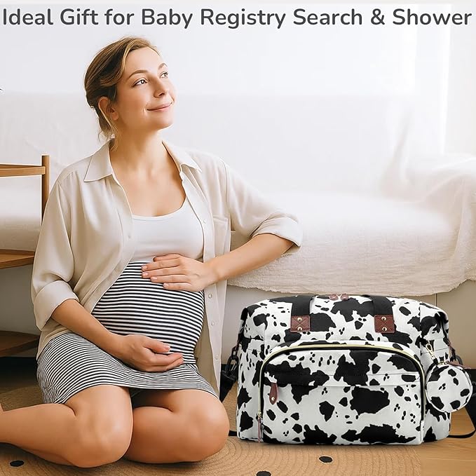 Diaper Bag Tote with Pacifier Case, Baby Bag for Women with Shoulder Straps, Travel Diaper Tote for for Mom and Dad Cow Print