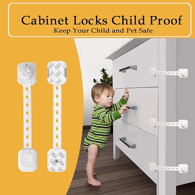 Fursafe&Q Child Safety Cabinet Proofing, Baby Cabinet Locks Adhesive Adjustable Child Safety Strap Locks Drawer Fridge Ovens Toilet Latches No Screws for Furniture Kitchen White 12 Pack