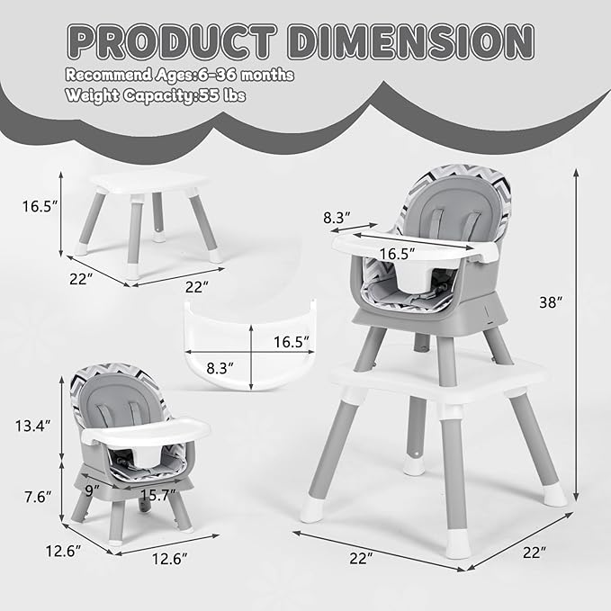 Kinder King 8 in 1 Baby High Chair, Coverts to Dining Booster Seat/Kids Table & Chair Set/Toddler Building Block Table/Kids Stool, Removable Tray & Double Seat Cover, Easy to Wipe, Wavy Grain