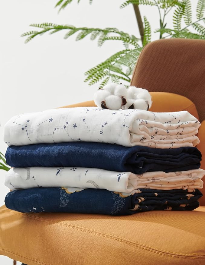 Momcozy Muslin Swaddle Blankets, Ultra Soft Neutral Swaddle Blanket, Breathable Large 47'' x 47'' Baby Infant Newborn Boys Girls Swaddling Receiving Blanket Wraps, Midnight Star Clouds