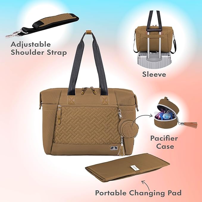 Dikaslon Diaper Bag Tote, Large Travel diaper tote for Mom and Dad, Multifunction baby tote bag for Boys and Girls with Pacifier Case and Changing Pad, Khaki