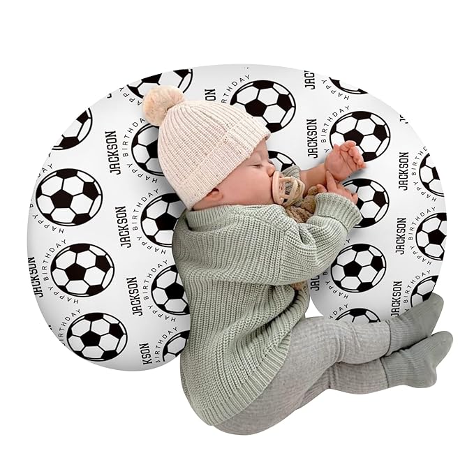 Rucekia Baby Nursing Pillow Cover - Personalized Name White Soccer Theme Breastfeeding U-Shaped for Bottle Feeding, Ultra Soft Comfortable Breastfeeding Pillow Cover for Infant Baby Boys and Girls