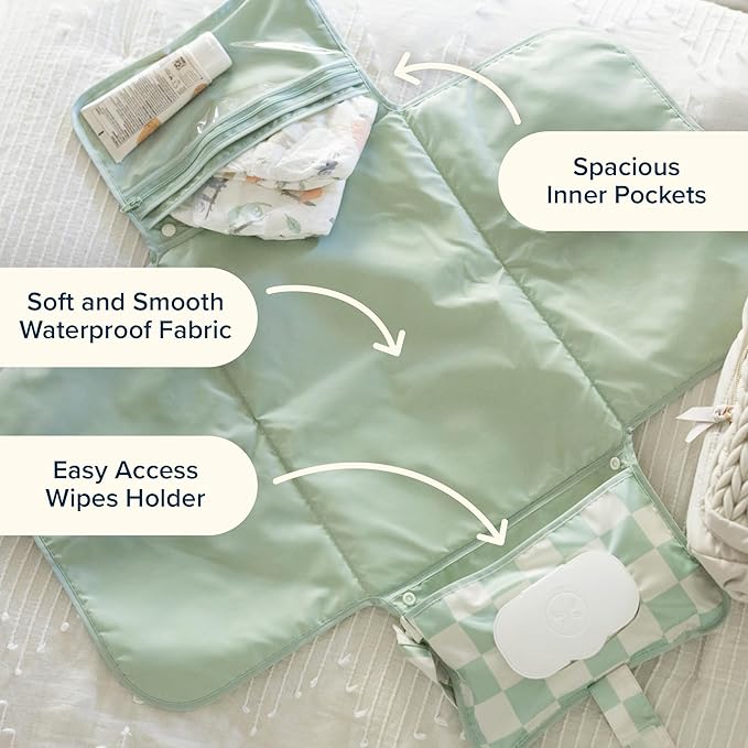 Tiny Twinkle Portable Diaper Changing Pad | Waterproof, Wipeable & Compact Baby Changing Pad for Travel | Smart Wipes Pocket & Organized Storage| Newborn Shower Gift (Grid)