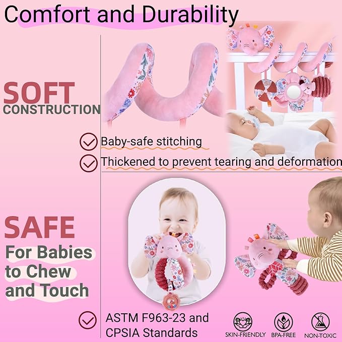 Infant Toys 0-6-12 Months Spiral Car Seat Toy, Baby Stroller Hanging Rattle Stuffed Animal Babies 0-2-3-4-5-7 Month Old Newborn Girl Valentines Gifts Easter Mirror Crinkle Pink Elephant 3PCS